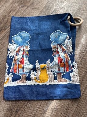 Vintage 1970s Holly Hobbie Fabric Ring Bag Handmade Denim Look Tote Orange Cats
